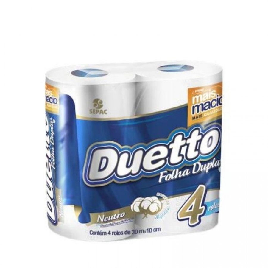 Papel Higiênico DUETTO Folha Dupla Neutro 30m - 4 Rolos